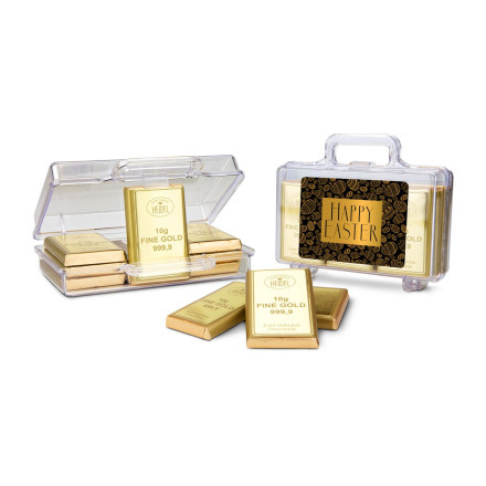 Frohe Ostern Goldkoffer mit 12 Schokoladen Goldbarren (120 g)