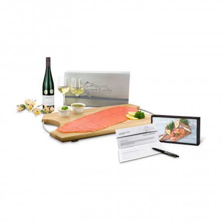 Lachs-Gutschein in Holzbox Feinschmecker | Wein+300 g Atlantik Gourmet Lachs