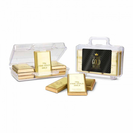 Sie sind Gold wert - Goldkoffer mit 12 Schokoladen Goldbarren (120 g)