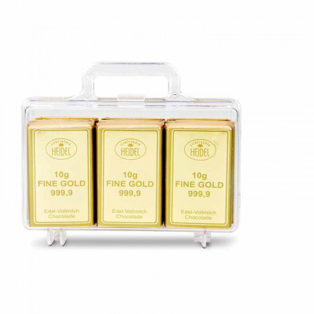 Goldkoffer mit 12 Goldbarren, Edelvollmilch-Schokolade (120 g)
