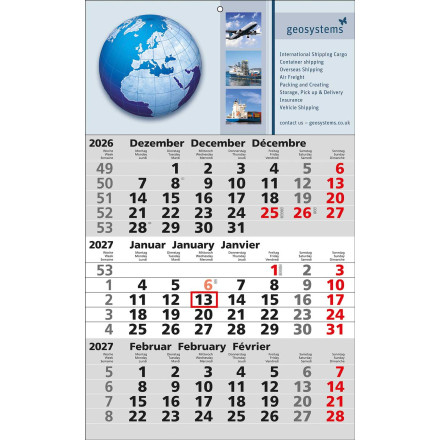 3-Monats-Wandkalender Standard 2 | 3-sprachig | grau