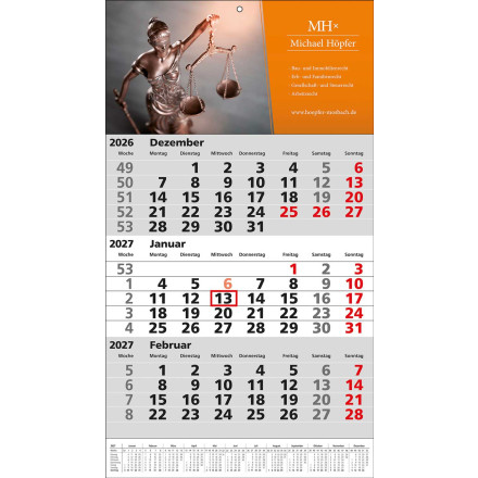 3-Monats-Wandkalender Standard 1 plus | grau