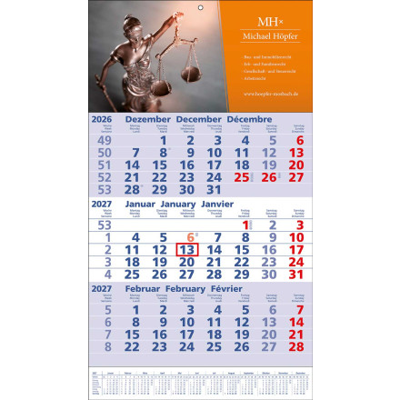 3-Monats-Wandkalender Standard 1 plus | 3-sprachig | blau