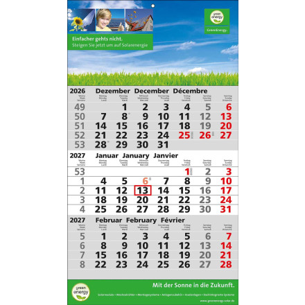 3-Monats-Wandkalender Standard 2 plus | 3-sprachig | grau