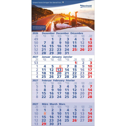 4-Monats-Wandkalender Quattro | 3-sprachig | blau