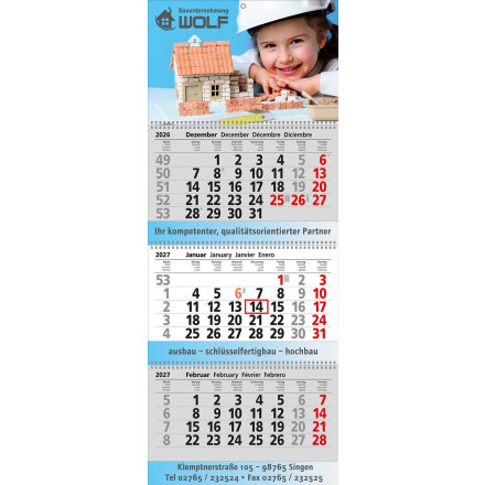 3 Block-Wandkalender Exclusiv 3 | mit Wire-O-Bindung | grau