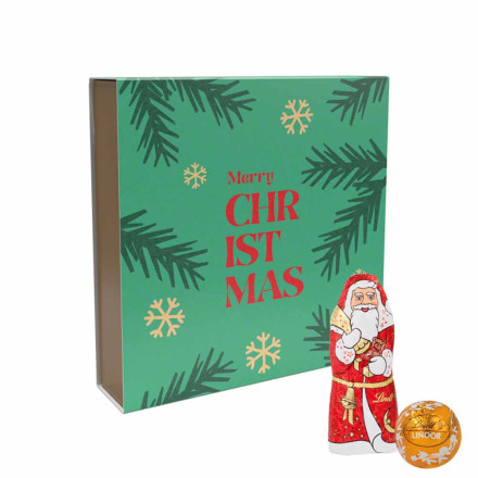 Lindt Präsent im Werbeschuber, Kleine Kostbarkeiten Santa