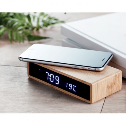 LED Tischuhr mit induktiver Ladestation Moro | Bambus | inkl. Werbedruck