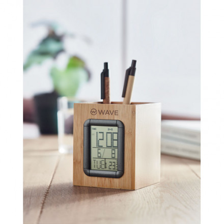 Stiftehalter Manila mit Uhr-/Temperaturanzeige | Bambus | inkl. Werbedruck