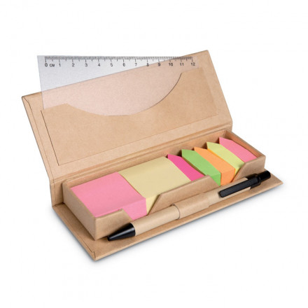 Stibox Notizzettelbox mit Lineal, Kugelscheiber | Recyclingkarton | inkl. Werbedruck