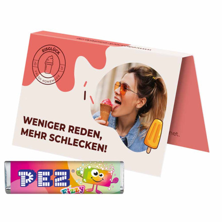 Werbekarte Visitenkartenformat PEZ Bonbonriegel